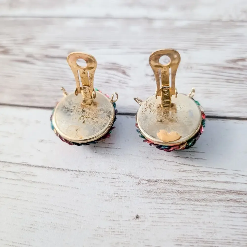 Vintage Clip On Earrings Multi Colored Sequins